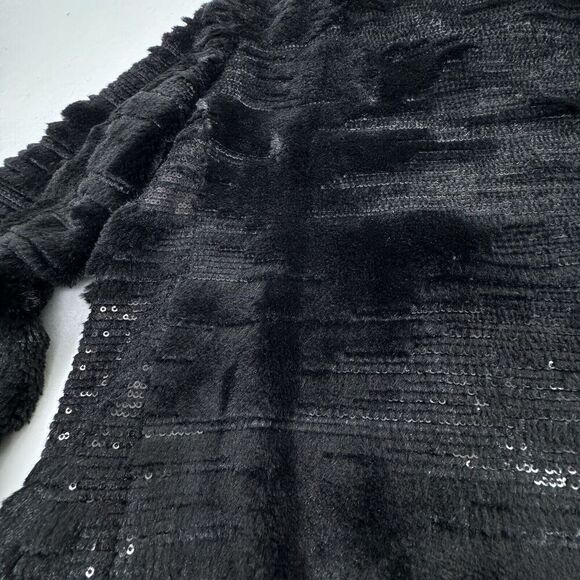 BDB David Bitton Womens Medium Black Faux Fur Sequin Jacket Full Zip Collarless - Picture 9 of 14